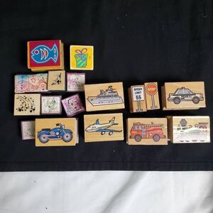Rubber Stamps Lot of 12 – Disney, Vehicles, Animals, Stars, Vintage Mini Wood St